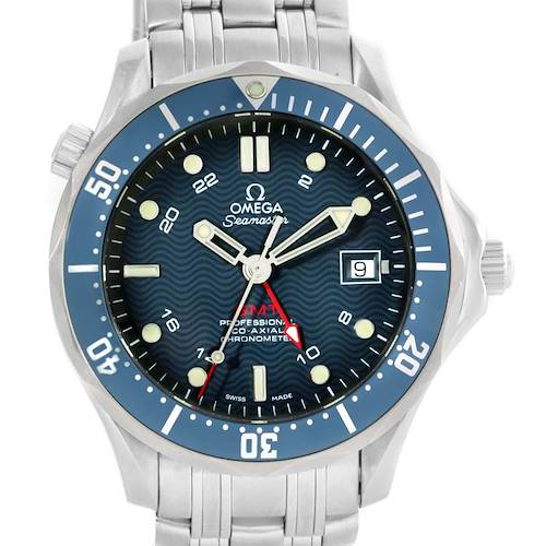 The image shows a front view of the Omega Seamaster 2535.80.00 Men's Blue Dial 2535.80.00 Men's Blue Dial watch, highlighting its face, bezel, and part of the metal bracelet.
