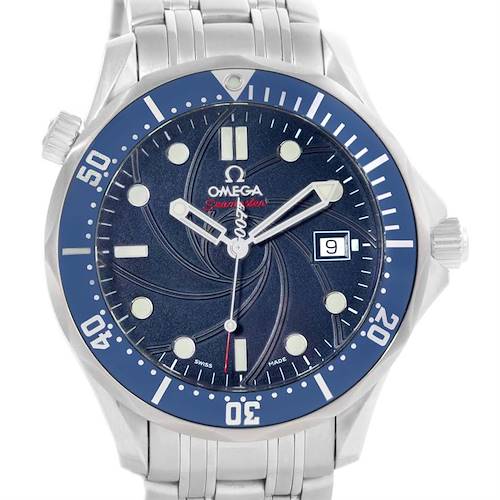 The image shows a front view of the Omega Seamaster 2226.80.00 Men's Stainless Steel Blue Dial 2226.80.00 Men's Stainless Steel Blue Dial watch, highlighting its face, bezel, and bracelet.