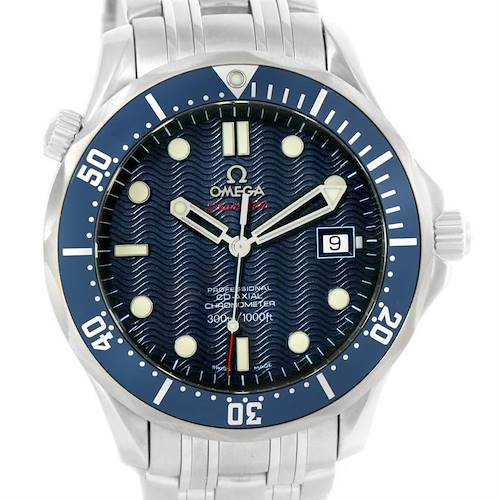 The image shows a front view of the Omega Seamaster 2220.80.00 Men's Stainless Steel Blue Dial 2220.80.00 Men's Stainless Steel Blue Dial watch, highlighting the face, bezel, hands, and bracelet.