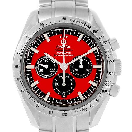 The image shows the face of an Omega Seamaster 3506.61.00 Men's Stainless Steel Red Dial 3506.61.00 Men's Stainless Steel Red Dial watch from a front angle, highlighting its red dial, chronometer, and tachymeter bezel.