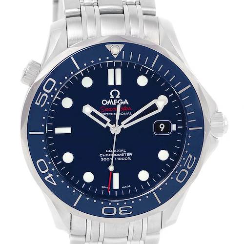 This image shows the face and bracelet of the Omega Seamaster 212.30.41.20.03.001 Men's Stainless Steel Blue Dial 212.30.41.20.03.001 Men's Stainless Steel Blue Dial watch, displaying the blue dial, bezel, date window, and helium escape valve.