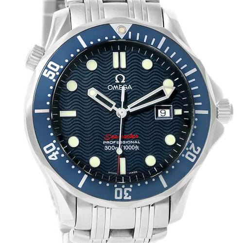 The image shows a front view of the Omega Seamaster 2221.80.00 Men's Stainless Steel Blue Dial 2221.80.00 Men's Stainless Steel Blue Dial watch, displaying the dial, bezel, and part of the bracelet.