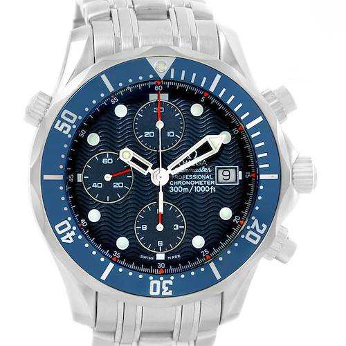 This image shows a frontal view of an Omega Seamaster 2599.80.00 Men's Stainless Steel Blue Dial 2599.80.00 Men's Stainless Steel Blue Dial watch, highlighting its blue dial, chronograph sub-dials, date window, and metal bracelet.