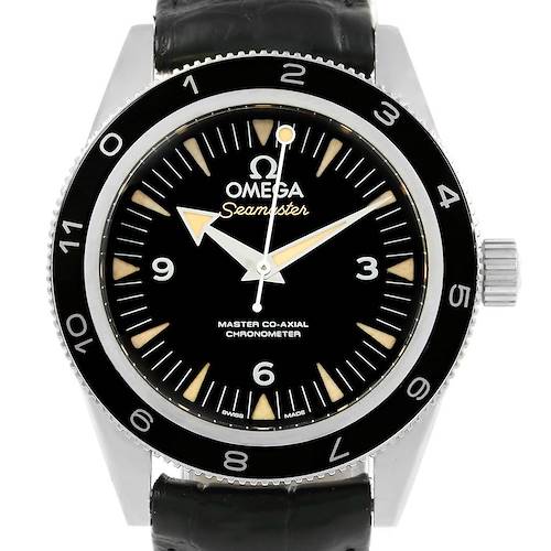 The image shows a front view of the Omega Seamaster 233.32.41.21.01.001 Men's Stainless Steel Black Dial 233.32.41.21.01.001 Men's Stainless Steel Black Dial watch, highlighting the dial, bezel, crown, and strap.