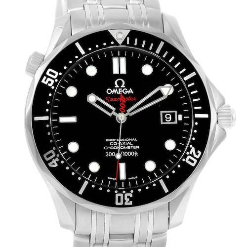 The image shows a frontal view of the Omega Seamaster 212.30.41.20.01.001 Men's Stainless Steel Black Dial 212.30.41.20.01.001 Men's Stainless Steel Black Dial watch, highlighting its black dial, bezel, and stainless steel bracelet.