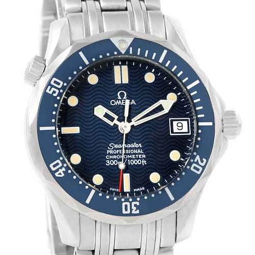 The image shows a front view of the Omega Seamaster 2551.80.00 Men's Stainless Steel Blue Dial 2551.80.00 Men's Stainless Steel Blue Dial watch, highlighting its blue bezel, dial, and stainless steel bracelet.