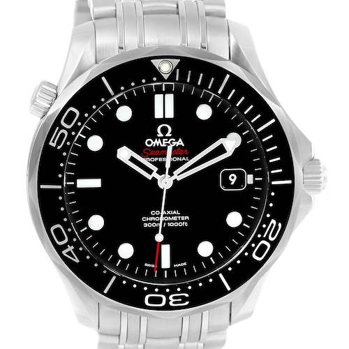 The image shows a front view of the Omega Seamaster 212.30.41.20.01.003 Men's Stainless Steel Black Dial 212.30.41.20.01.003 Men's Stainless Steel Black Dial watch, highlighting its dial, bezel, and metal bracelet.