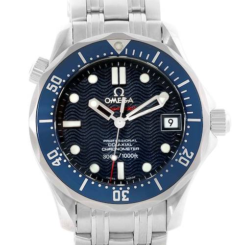 The image shows a front view of an Omega Seamaster 2222.80.00 Men's Stainless Steel Blue Dial 2222.80.00 Men's Stainless Steel Blue Dial watch, displaying its face, bezel, and metal band.