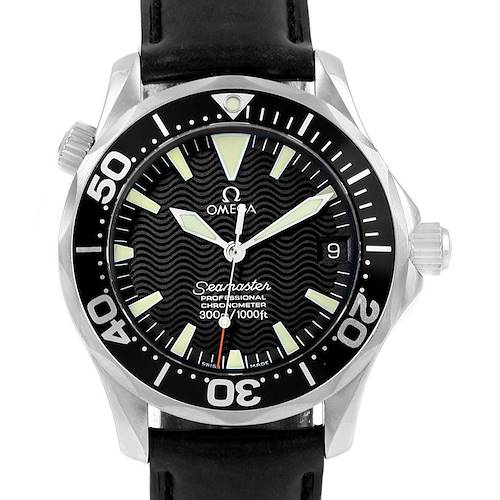 The image shows a front view of the Omega Seamaster 2252.50.00 Men's Stainless Steel Black Dial 2252.50.00 Men's Stainless Steel Black Dial watch, highlighting the dial, bezel, and crown.