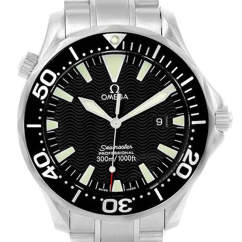 The Omega Seamaster 2264.50.00 Men's Stainless Steel Black Dial 2264.50.00 Men's Stainless Steel Black Dial watch is shown from a frontal angle, featuring the dial, bezel, and part of its bracelet.