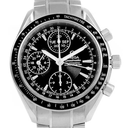 The Omega Seamaster 3220.50.00 Men's Stainless Steel Black Dial 3220.50.00 Men's Stainless Steel Black Dial watch is shown from a front angle, highlighting its dial, tachymeter bezel, and subdials.