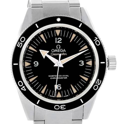 The Omega Seamaster 233.30.41.21.01.001 Men's Stainless Steel Black Dial 233.30.41.21.01.001 Men's Stainless Steel Black Dial watch is shown from the front, highlighting its dial, bezel, hands, crown, and stainless steel bracelet.