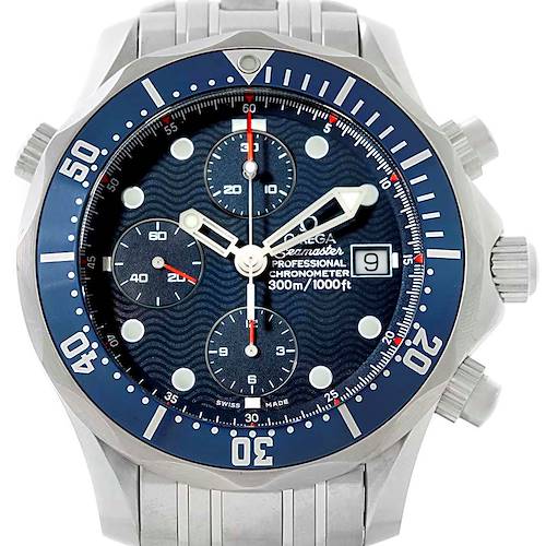 The Omega Seamaster 2599.80.00 Men's Stainless Steel Blue Dial 2599.80.00 Men's Stainless Steel Blue Dial watch is shown from the front, highlighting its dial, bezel, hands, sub-dials, and date window.