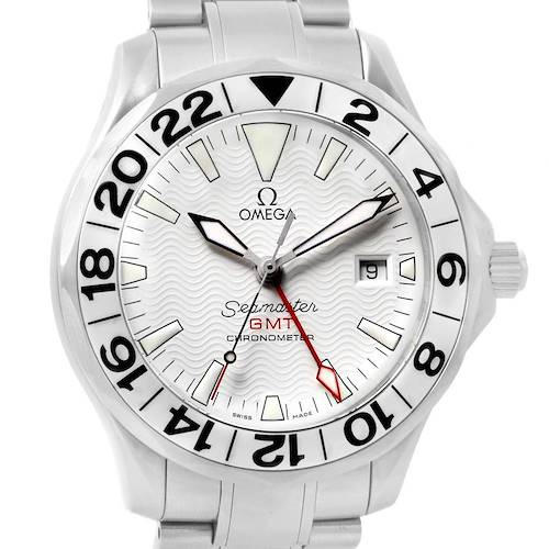 The image shows a front view of the Omega Seamaster 2538.20.00 Men's Stainless Steel White Dial 2538.20.00 Men's Stainless Steel White Dial GMT Chronometer watch, highlighting its face, bezel, and part of the bracelet.