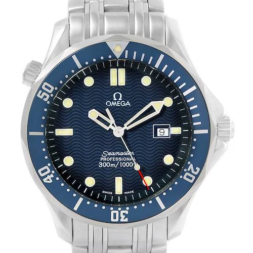This image shows a front view of an Omega Seamaster 2541.80.00 Men's Stainless Steel Blue Dial 2541.80.00 Men's Stainless Steel Blue Dial watch, highlighting the dial, bezel, and part of the bracelet.