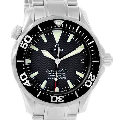 The image shows the front view of an Omega Seamaster 2252.50.00 Men's Stainless Steel Black Dial 2252.50.00 Men's Stainless Steel Black Dial watch, highlighting the dial, bezel, and part of the metal bracelet.