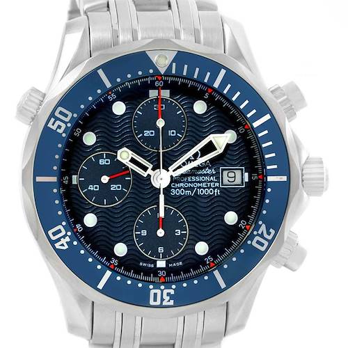 This Omega Seamaster 2599.80.00 Men's Stainless Steel Blue Dial 2599.80.00 Men's Stainless Steel Blue Dial watch is shown from a front angle, displaying the dial, subdials, bezel, hands, and date window.