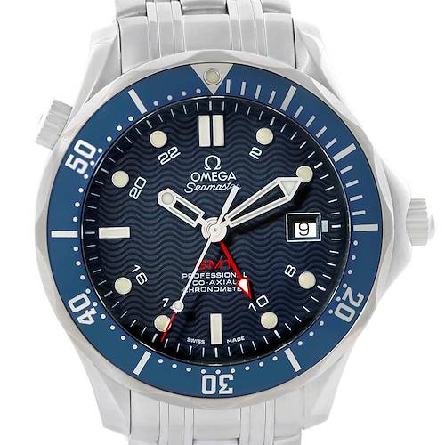 The image shows a front view of the Omega Seamaster 2535.80.00 Stainless Steel Blue Dial 2535.80.00 Stainless Steel Blue Dial watch, highlighting its face, bezel, and part of the metallic strap.