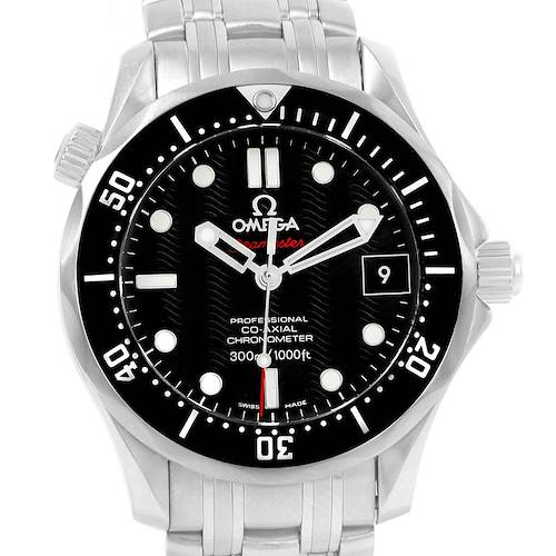 The image shows a front view of the Omega Seamaster 212.30.36.20.01.001 Men's Stainless Steel Black Dial 212.30.36.20.01.001 Men's Stainless Steel Black Dial watch, displaying the face, bezel, and part of the bracelet.