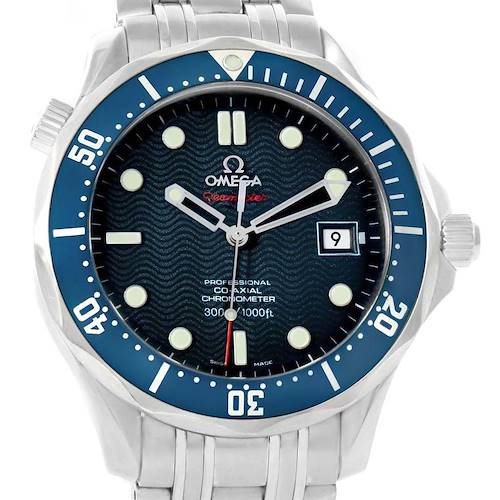 This Omega Seamaster 2220.80.00 Men's Stainless Steel Blue Dial 2220.80.00 Men's Stainless Steel Blue Dial watch is shown from a front angle, highlighting its face, hands, bezel, and bracelet.