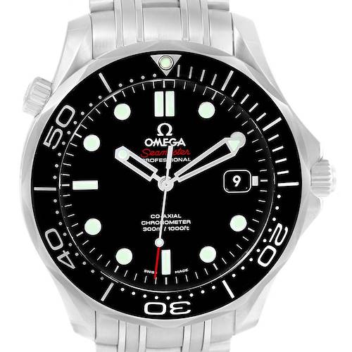 The image shows a front view of an Omega Seamaster 212.30.41.20.01.003 Men's Stainless Steel Black Dial 212.30.41.20.01.003 Men's Stainless Steel Black Dial watch, highlighting its black dial, luminous markers, bezel, and date window at 3 o'clock.