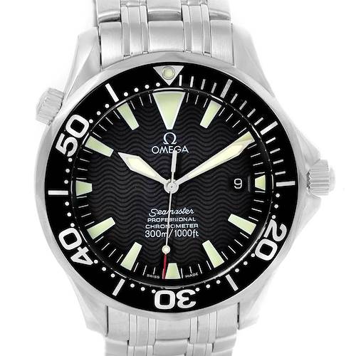 This image shows a full frontal view of the Omega Seamaster 2254.50.00 Men's Stainless Steel Black Dial 2254.50.00 Men's Stainless Steel Black Dial, displaying the dial, bezel, and stainless steel bracelet.