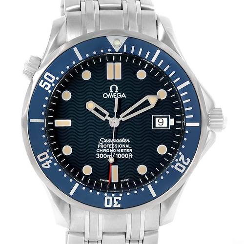 The image shows a front view of an Omega Seamaster 2531.80.00 Men's Stainless Steel Blue Dial 2531.80.00 Men's Stainless Steel Blue Dial model watch, highlighting the face, bezel, and metal bracelet.
