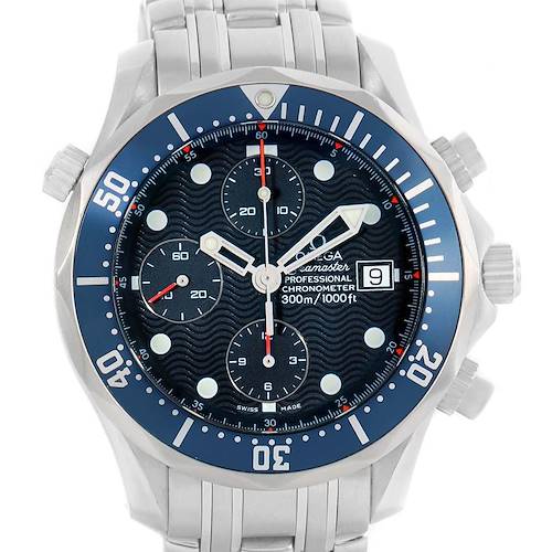 This image shows a front view of the Omega Seamaster 2599.80.00 Men's Stainless Steel Blue Dial 2599.80.00 Men's Stainless Steel Blue Dial Professional Chronometer watch, highlighting its dial, bezel, and bracelet.