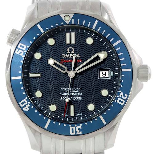 The watch is a front-view of an Omega Seamaster 2220.80.00 Men's Stainless Steel Blue Dial 2220.80.00 Men's Stainless Steel Blue Dial, showing the face, hands, bezel, and part of the stainless steel bracelet.