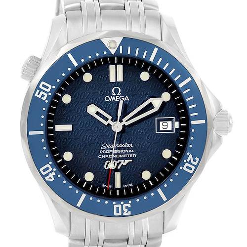 The image shows a front view of the Omega Seamaster 2537.80.00 Men's Stainless Steel Blue Dial 2537.80.00 Men's Stainless Steel Blue Dial watch, displaying its blue dial, bezel, and metal bracelet.