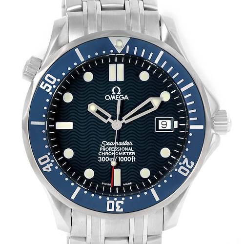The image shows a front view of an Omega Seamaster 2531.80.00 Men's Stainless Steel Blue Dial 2531.80.00 Men's Stainless Steel Blue Dial watch, highlighting the dial, bezel, hands, and date window.