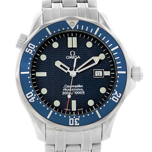 The image shows a frontal view of an Omega Seamaster 2541.80.00 Men's Stainless Steel Blue Dial 2541.80.00 Men's Stainless Steel Blue Dial watch, highlighting the bezel, dial, hands, and date window.