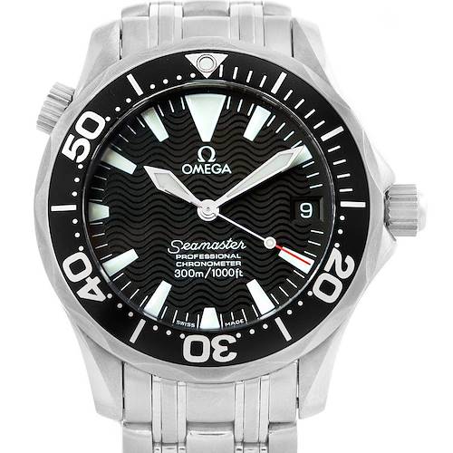 The image shows a frontal view of the Omega Seamaster 2252.50.00 Men's Stainless Steel Black Dial 2252.50.00 Men's Stainless Steel Black Dial wristwatch, highlighting its dial, bezel, crown, and bracelet.