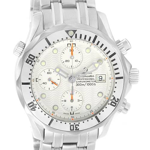 The image shows a front view of the Omega Seamaster 2598.20.00 Men's Stainless Steel White Dial 2598.20.00 Men's Stainless Steel White Dial watch, displaying its dial, bezel, chronograph subdials, and bracelet.