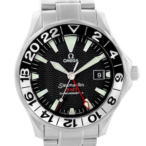 The image shows a front view of an Omega Seamaster 2536.50.00 Men's Stainless Steel Black Dial 2536.50.00 Men's Stainless Steel Black Dial GMT Chronometer watch with a metal bracelet, black dial, and date window.