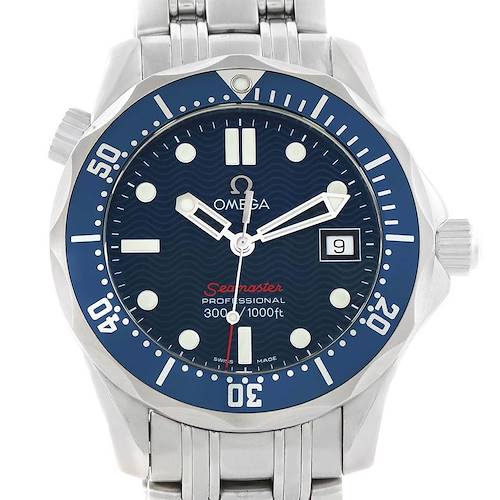The image shows a frontal view of an Omega Seamaster 2223.80.00 Men's Stainless Steel Blue Dial 2223.80.00 Men's Stainless Steel Blue Dial watch, highlighting its blue dial, date window, and stainless steel bracelet.