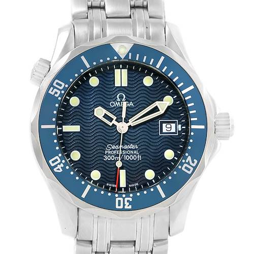 The image shows a front view of an Omega Seamaster 2561.80.00 Men's Stainless Steel Blue Dial 2561.80.00 Men's Stainless Steel Blue Dial watch, displaying its dial, bezel, date window, and part of the bracelet.
