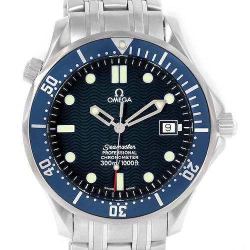 The image shows a front view of an Omega Seamaster 2531.80.00 Men's Stainless Steel Blue Dial 2531.80.00 Men's Stainless Steel Blue Dial watch with a metal bracelet, blue bezel, and black dial.