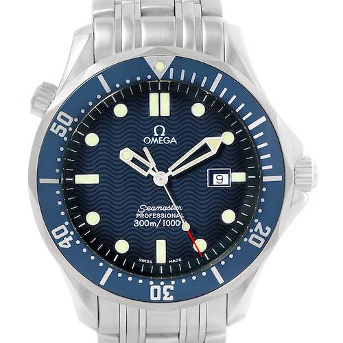 The image shows a front view of an Omega Seamaster 2541.80.00 Men's Stainless Steel Blue Dial 2541.80.00 Men's Stainless Steel Blue Dial watch, highlighting the dial, hands, bezel, and stainless steel bracelet.