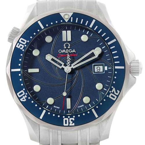 The image shows a front view of an Omega Seamaster 2226.80.00 Men's Stainless Steel Blue Dial 2226.80.00 Men's Stainless Steel Blue Dial watch, highlighting its dial, bezel, and stainless steel bracelet.