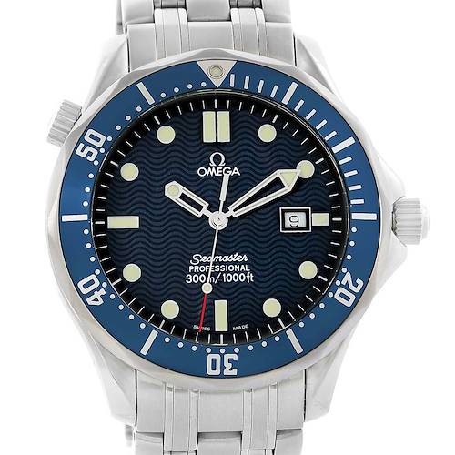 This Omega Seamaster 2541.80.00 Men's Stainless Steel Blue Dial 2541.80.00 Men's Stainless Steel Blue Dial watch is shown from a frontal angle, displaying its face, bezel, bracelet, and crown.
