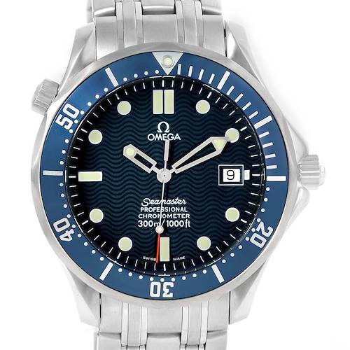 The image shows a frontal view of an Omega Seamaster 2531.80.00 Men's Stainless Steel Blue Dial 2531.80.00 Men's Stainless Steel Blue Dial watch featuring the dial, bezel, and part of the bracelet.
