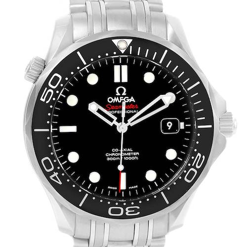 The image shows a frontal view of an Omega Seamaster 212.30.41.20.01.003 Men's Stainless Steel Black Dial 212.30.41.20.01.003 Men's Stainless Steel Black Dial watch, highlighting its face, bezel, and bracelet.