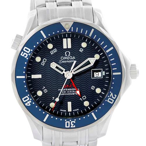 The image shows a front view of the Omega Seamaster 2535.80.00 Men's Stainless Steel Blue Dial 2535.80.00 Men's Stainless Steel Blue Dial watch, highlighting its blue dial, white markers, and date window at 3 o'clock.
