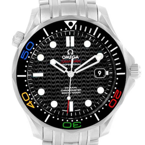 The Omega Seamaster 522.30.41.20.01.001 Men's Stainless Steel Black Dial 522.30.41.20.01.001 Men's Stainless Steel Black Dial watch is shown from the front, displaying its dial, bezel, and part of its stainless steel bracelet.