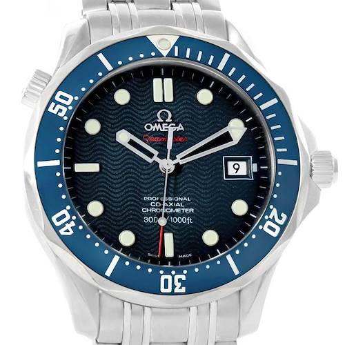 This image shows the front view of an Omega Seamaster 2220.80.00 Men's Stainless Steel Blue Dial 2220.80.00 Men's Stainless Steel Blue Dial watch, including the dial, bezel, and part of the bracelet.