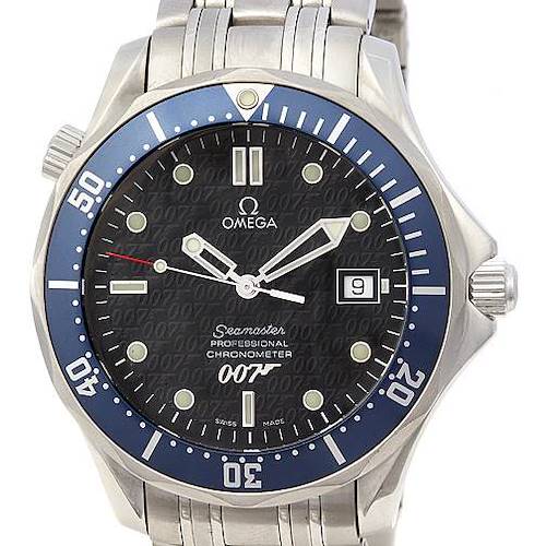 The image shows a frontal view of the Omega Seamaster Men's Stainless Steel Blue Dial Men's Stainless Steel Blue Dial watch, highlighting its dial, bezel, and bracelet.