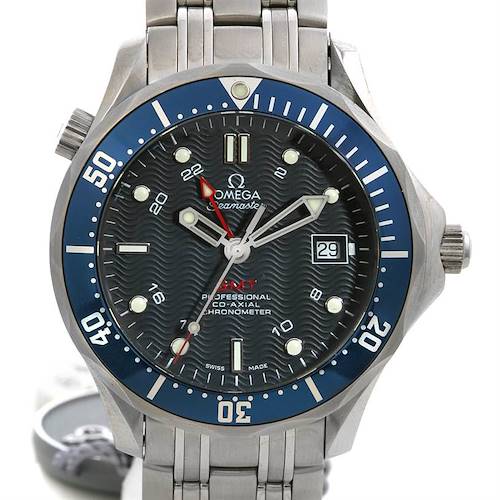 The image shows a front angle view of the Omega Seamaster 25358000 OR 2535.   80.   00 Men's Stainless Steel Blue Dial 25358000 OR 2535.   80.   00 Men's Stainless Steel Blue Dial watch, highlighting the dial, hands, bezel, and bracelet.