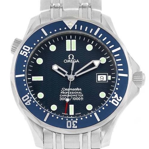 This image shows a front view of the Omega Seamaster 2531.80.00 Men's Stainless Steel Blue Dial 2531.80.00 Men's Stainless Steel Blue Dial watch, highlighting the dial, hands, and bezel.