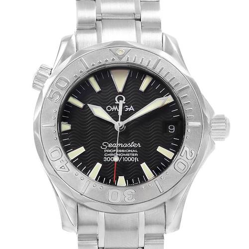 The image shows a frontal view of the Omega Seamaster 2236.50.00 Men's Stainless Steel Black Dial 2236.50.00 Men's Stainless Steel Black Dial watch, highlighting the dial, bezel, and part of the bracelet.